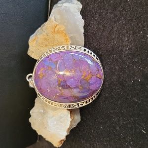 Purple copper turquoise cabochon set in silver filigree pendant